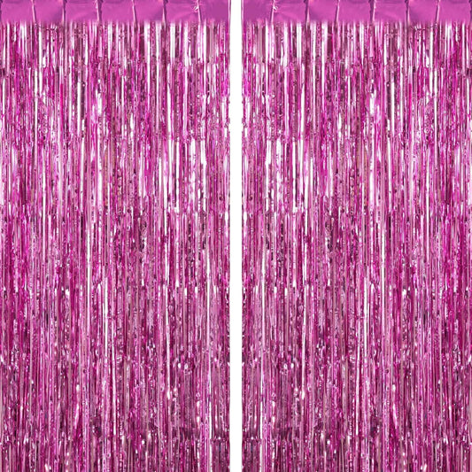 2 Pack Pink Fringe Curtains Foil Shiny Fringe Backdrop Tinsel Door Streamers Foil Curtains for Birthday Wedding Engagement Bridal Shower Celebration Party Decorations Large