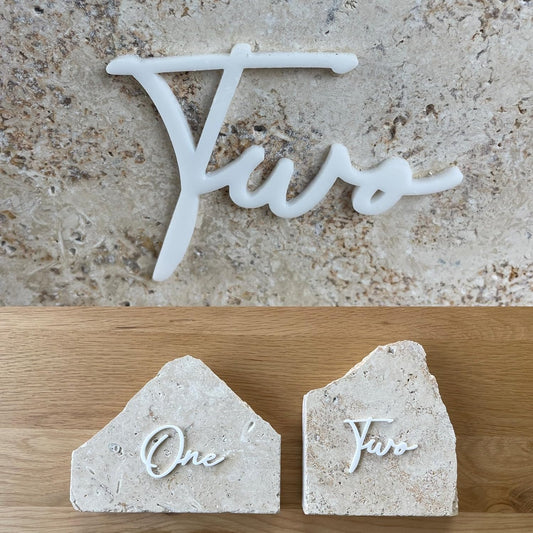 Cursive Wedding Table Number SET, DIY thin modern Black or White acrylic cutouts with silicone glue included. Words only, no backing (One - Twenty Five, Gloss White)