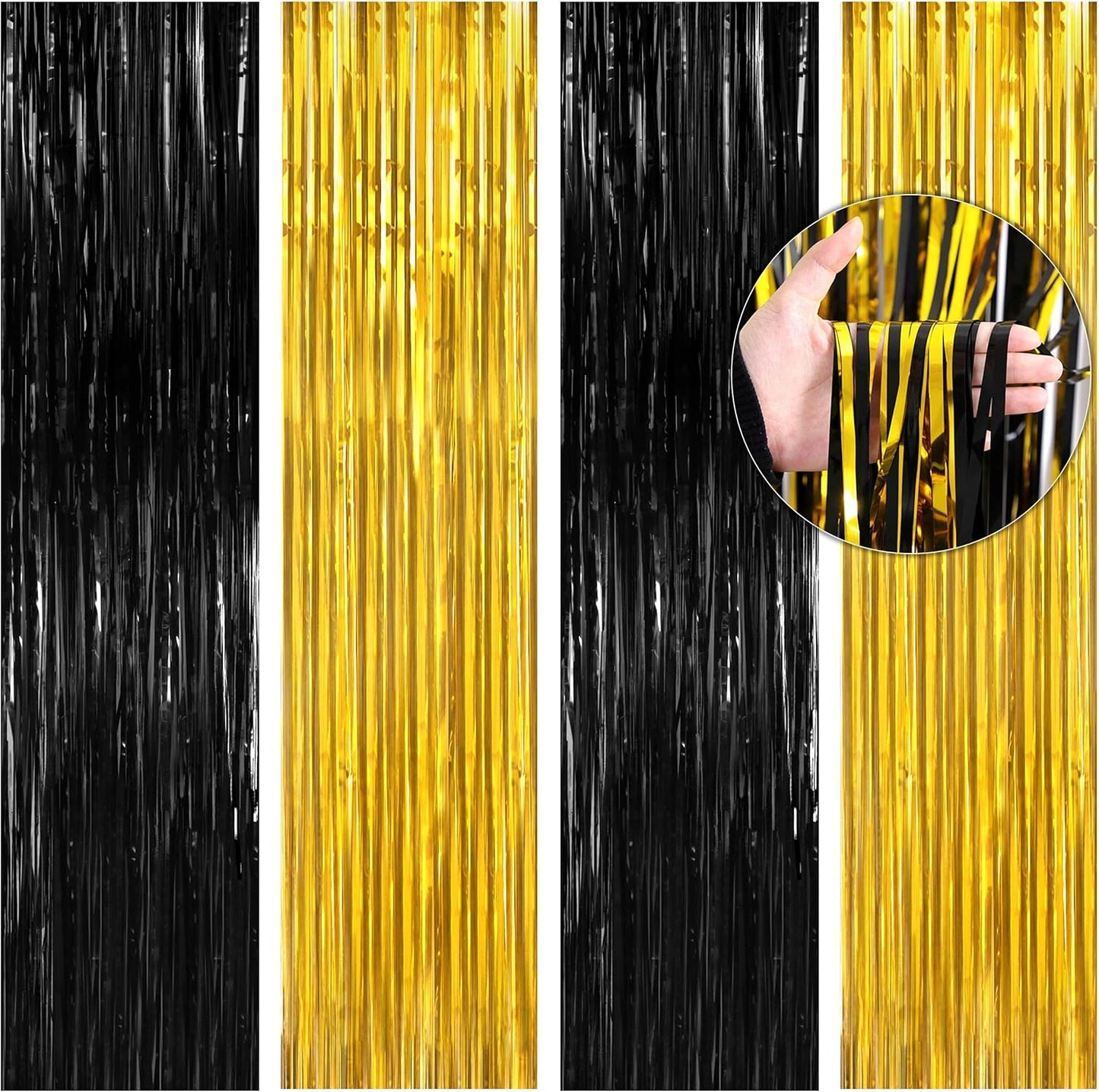 BTSD-home 4 Pack Black Gold Metallic Foil Fringe Curtain Tinsel Streamer Party Decorations Photo Booth Backdrop for Bachelorette Birthday Halloween
