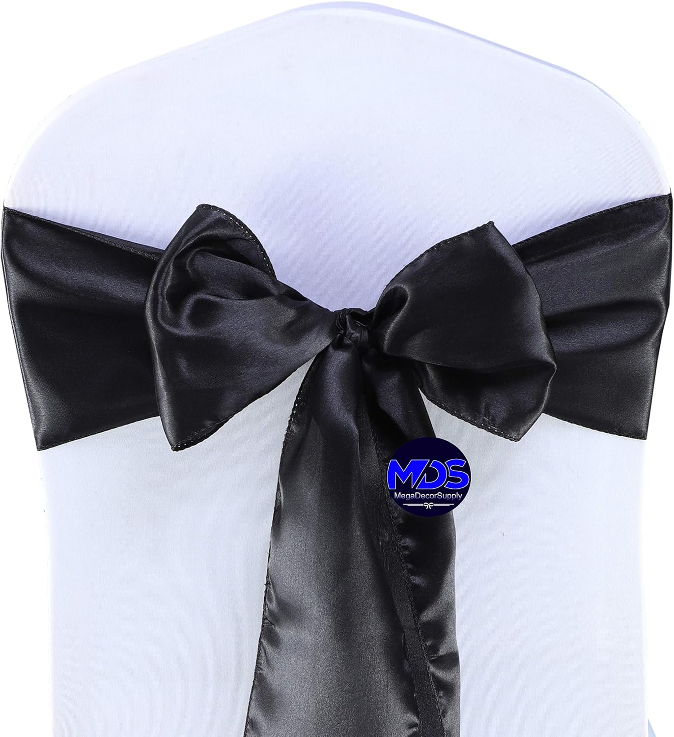 MDS Pack of 125 PCS Satin Chair Sashes Charmeuse Sateen Dining Chair Bows Ribbon Ties Back Sash for Wedding Party Birthday Home Hotel Restaurant Banquet Decoration (7 x 108 Inch, Black)