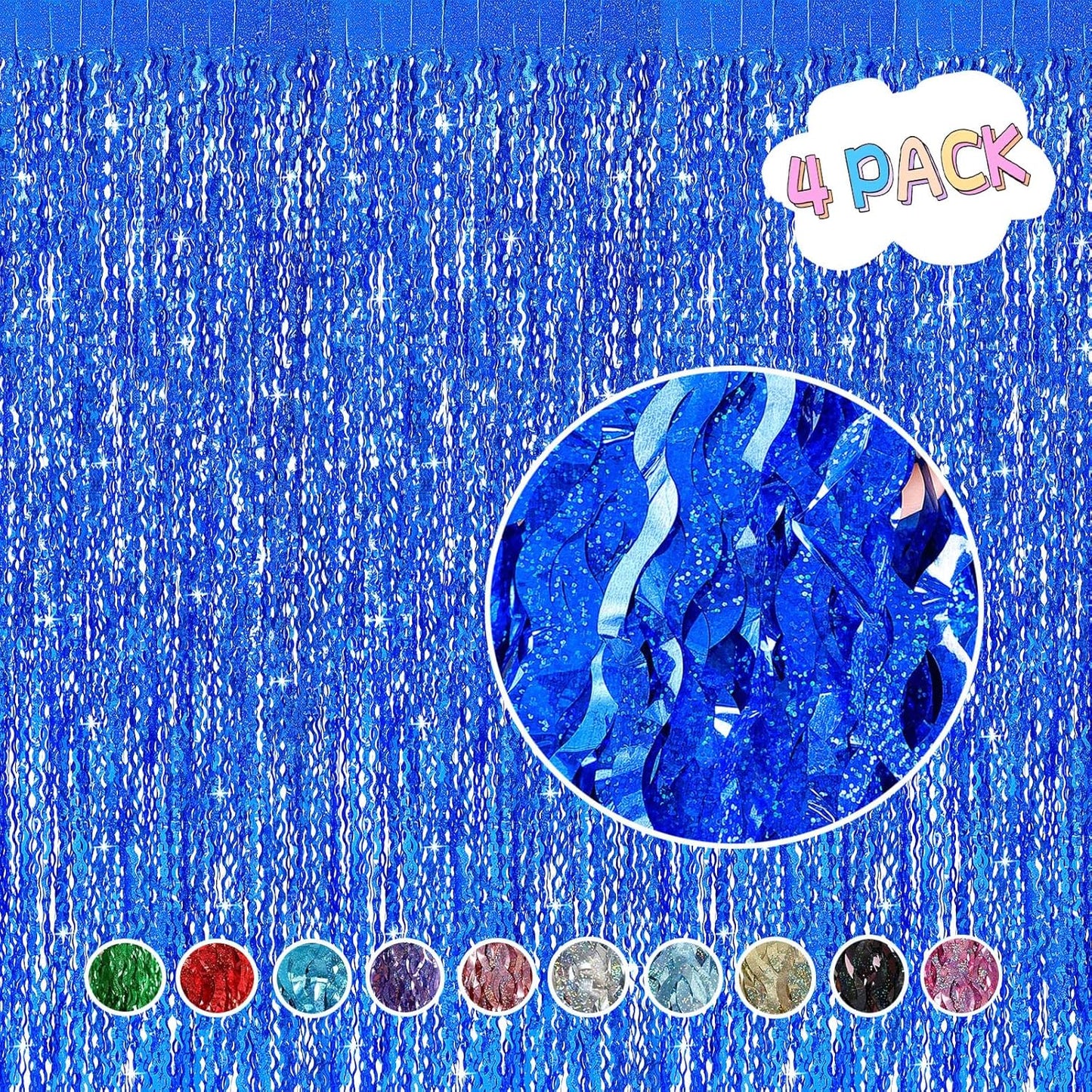 4 Pack Navy Blue Wavy Foil Fringe Curtains Party Decorations - 3.3 ft x 6.6 ft Streamer Tinsel Curtain Party Photo Backdrops for Birthday Party