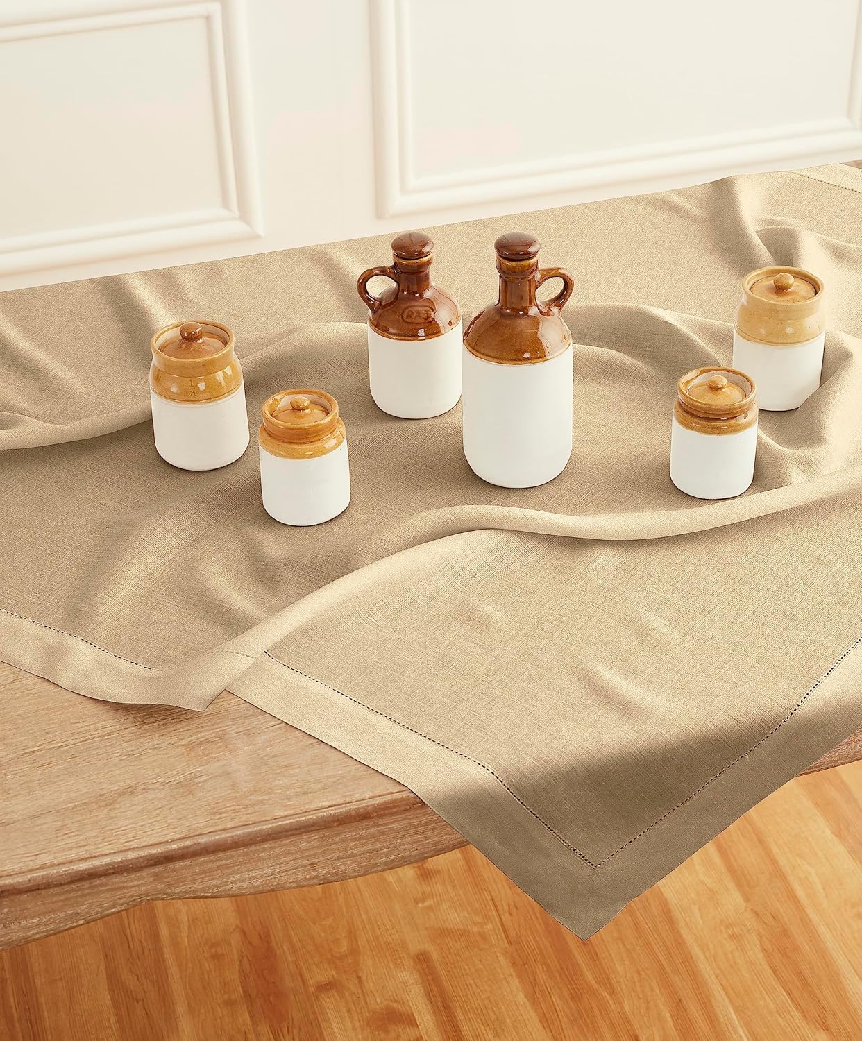 Solino Home Linen Square Tablecloth 52 x 52 Inch - 100% Pure Linen Beige Table Throw - Classic Hemstitch, Machine Washable Table Cloth for Fall, Autumn, Thanksgiving