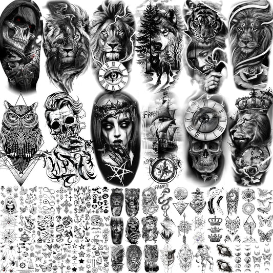 59 Sheets 3D Black Halloween Temporary Tattoos For Men Women Kids, Long Lasting Temp Fake Sleeeve Tattoos For Adults, Large Realistic Skull Skeleton Owl Wolf Lion Tiger Ship Tatoo Sticker Arm