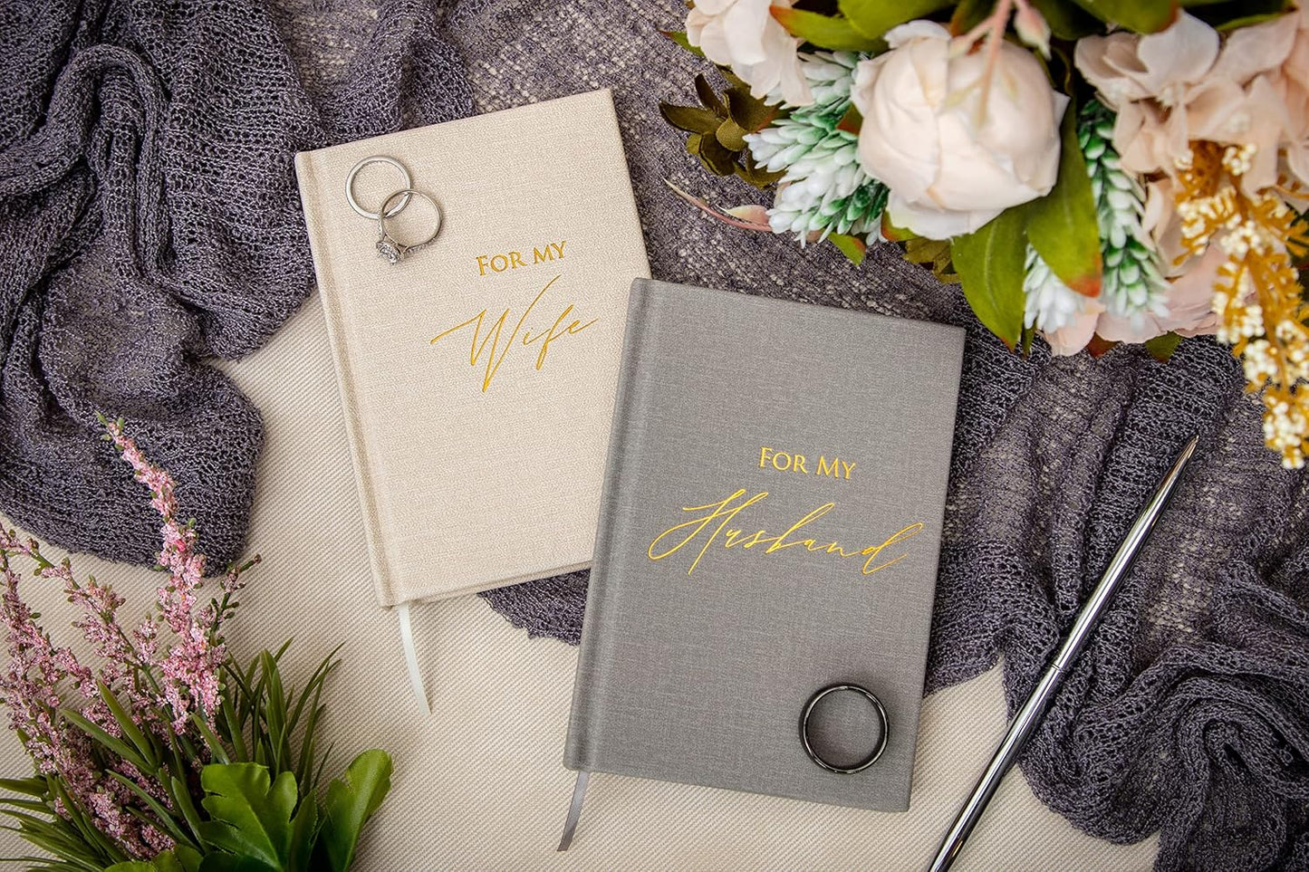 MUUJEE Hard Cover Vow Books (Set of 2) - Foil Embossed Wedding Ceremony Vow Renewal Speech Books, Couple Gifts for Engagement (For My Husband/Wife)