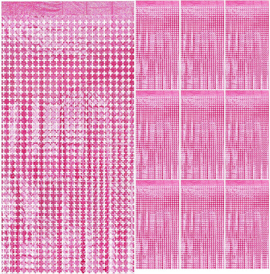 Pink Tinsel Curtain Party Backdrop,10pcs Square Foil Fringe Curtain Pastel Pink Streamers Party Decorations for Bachelorette Princess Birthday Valentines Day Sleepover Slumber Theme