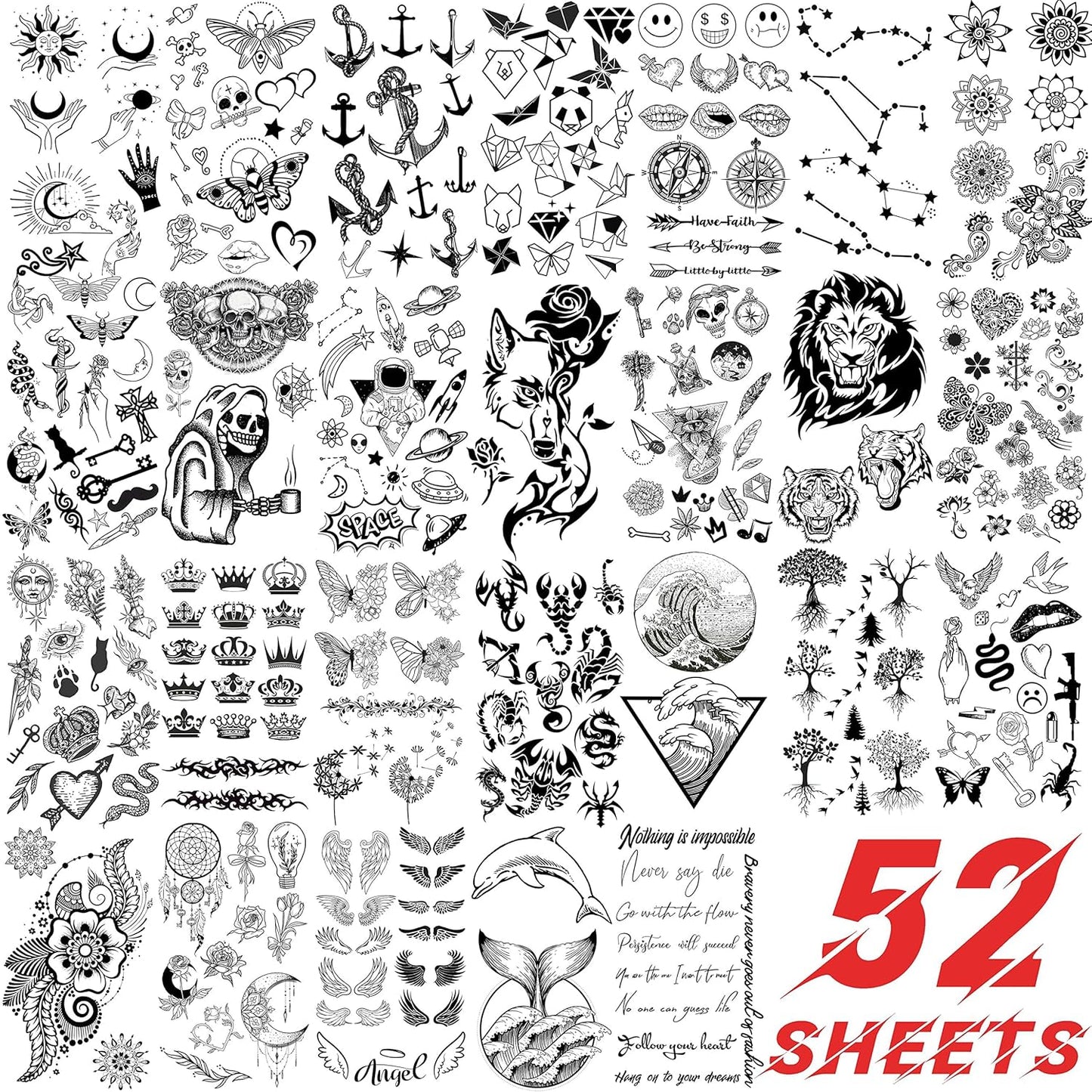 52 Sheets Tiny Small Temporary Tattoos For Kids Boys Girls, Tribal Animals Butterfly Anchor Compass Tattoo Stickers For Men Women, 3D Cute Flower Fake Face Tatoo Kits Sets For Neck Arm Hands