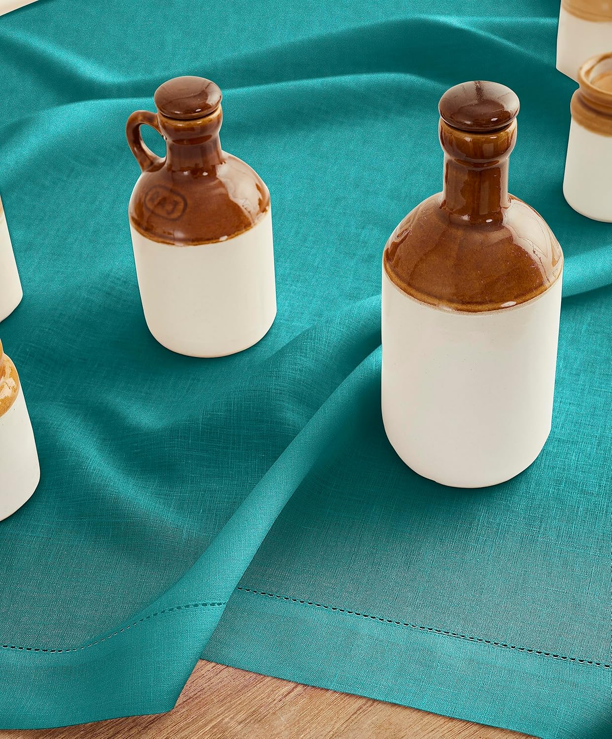 Solino Home Linen Square Tablecloth 52 x 52 Inch - 100% Pure Linen Teal Table Throw - Classic Hemstitch, Machine Washable Table Cloth for Fall, Autumn, Thanksgiving, Christmas