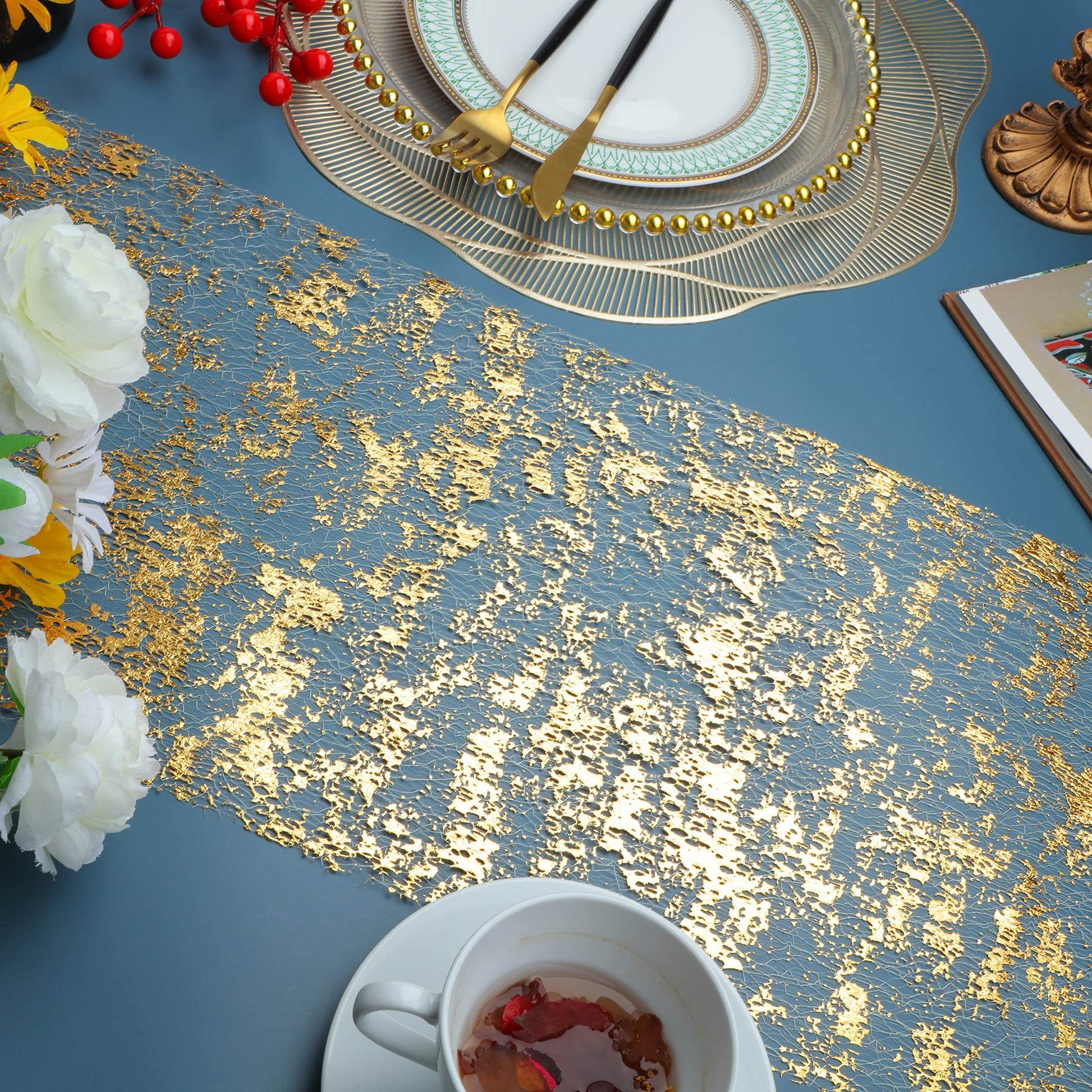 Snowkingdom 2 Pieces Gold Table Runner, Sequin Glitter Foil Metallic Thin Mesh Runner Roll
