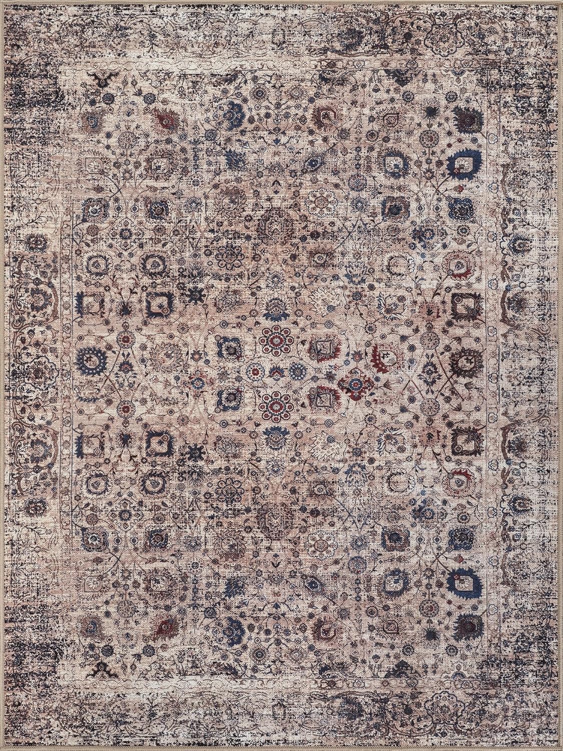 Bloom Rugs Washable Non-Slip 4' x 6' Rug - Light Tan/Blue Traditional Oriental Area Rug for Living Room, Bedroom, Dining Room, and Kitchen - Exact Size: 4' x 6'