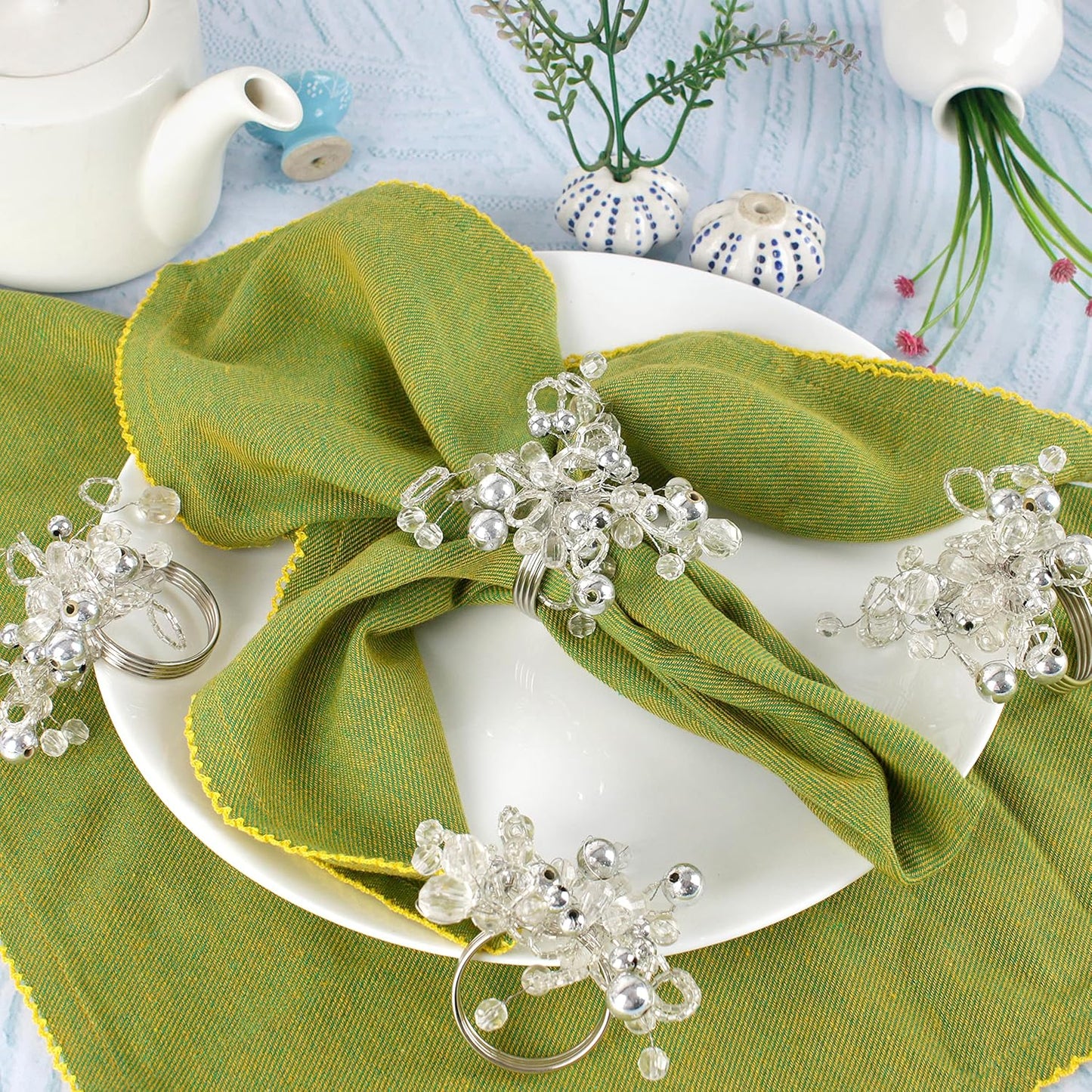 Decorative Napkin Ring Set of 12 - Handmade Glass Beads Napkin Holders for Table Setting Elegant Dining Accessory Round Heavy Duty Metal Frame Wedding & Party Table Décor (Silver) - CLEENTABLE