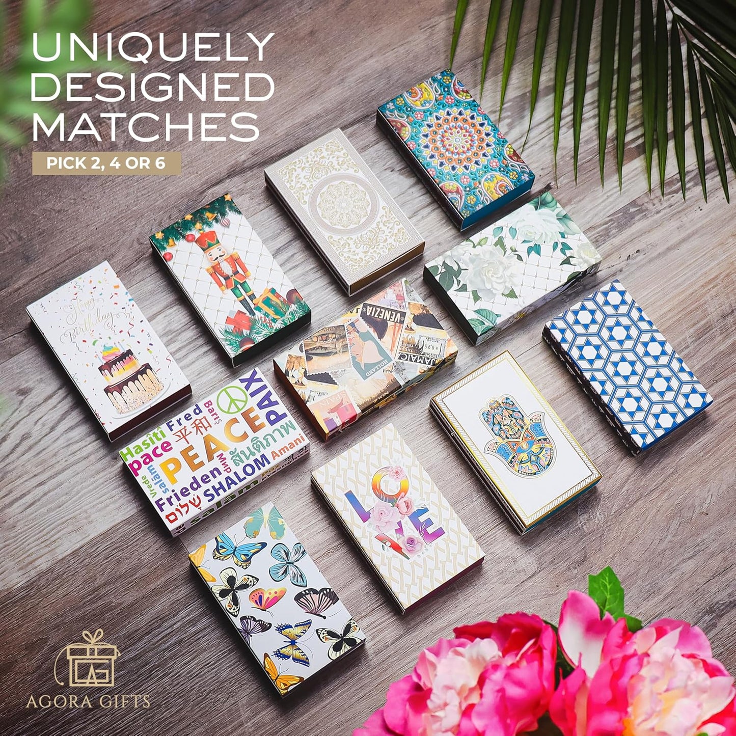 Decorative Matches Box -4-Inch Long Matches for Candles with Strike - Wooden Colorful Candle Sticks with Rainbow Tips - 50 Pc Match Sticks - Matchbox Designs of Your Choice (6 Unique Box Designs)