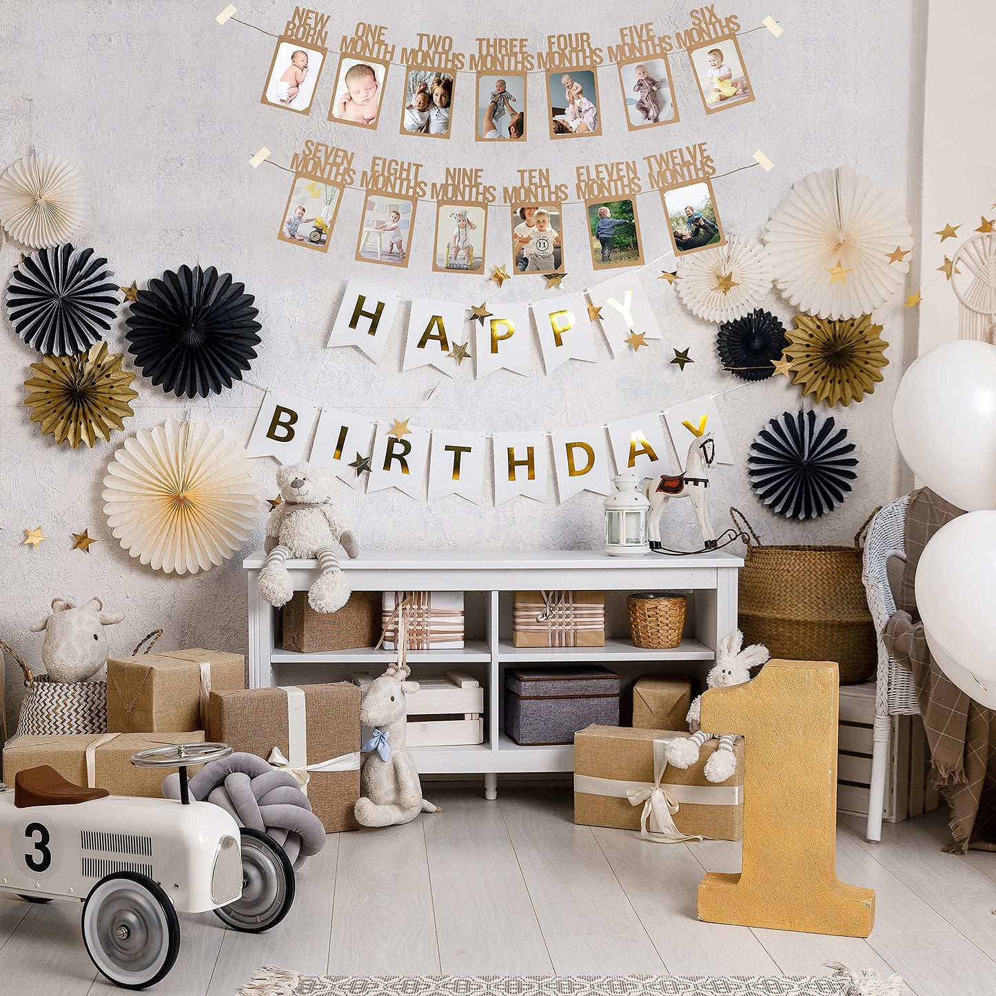 PartyHooman 1st Birthday Photo Banner for Baby from Newborn to 12 Months, First Birthday