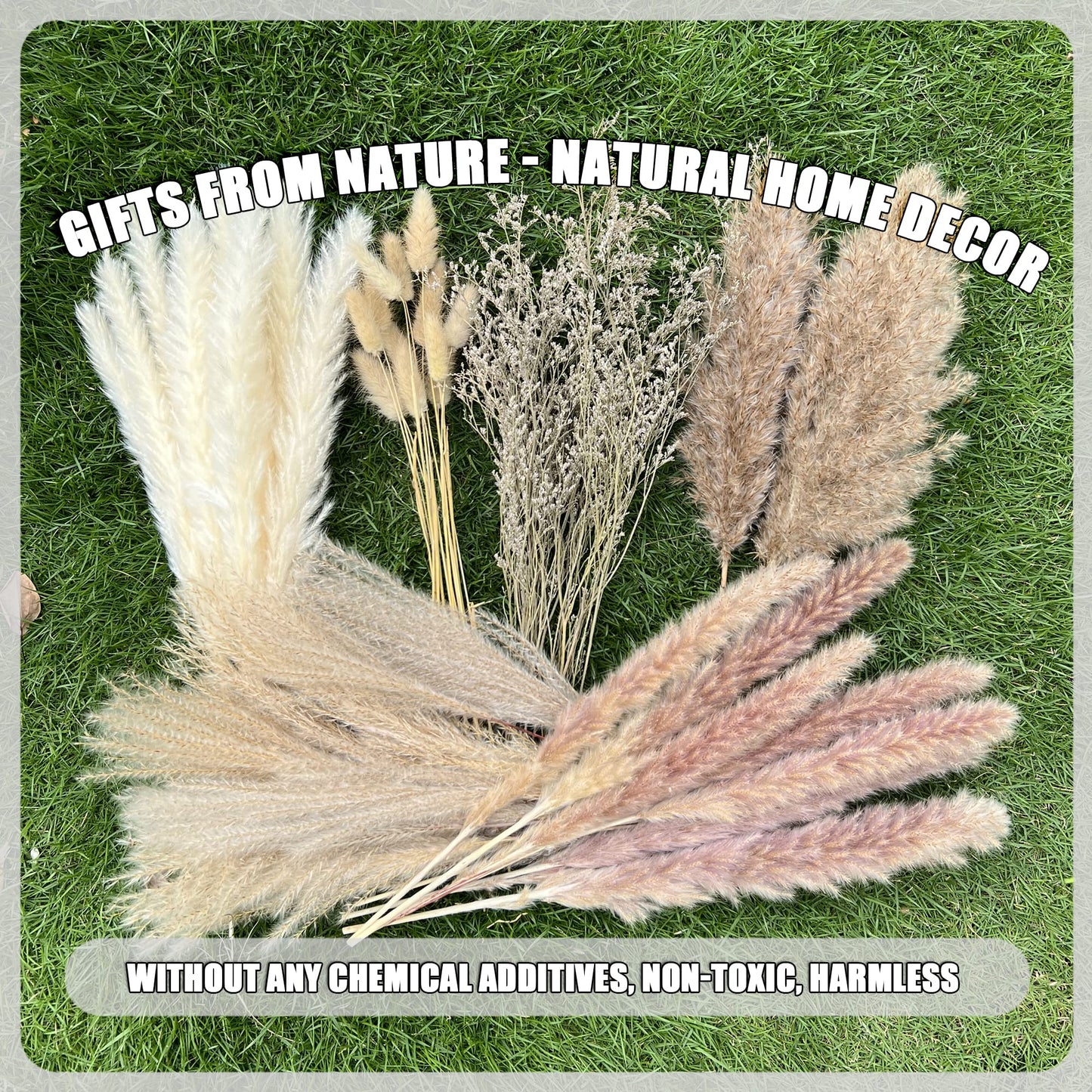 100Pcs Pampas Grass Boho Home Decor 17 inch Natural Dried Flowers-Pampas Grass Contains Bunny Tails