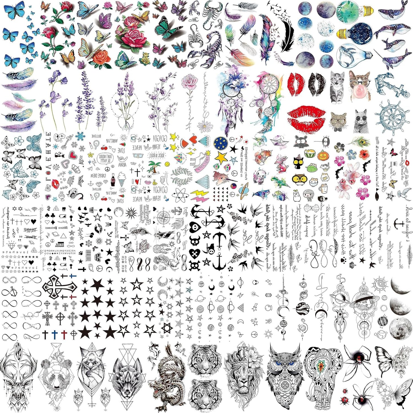 66 Sheets 430+ PCS Cute Temporary Tattoos For Women Men Adults, Watercolor Butterfly Flower Lavender Fake Tattoo Stickers Kids Boys Girls, Black Star Animals Space Temp Tattoos Dragon Wolf Lion
