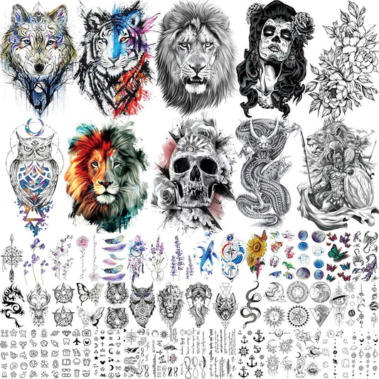 53 Sheets 3D Large Tiger Dragon Temporary Tattoos For Women Thigh Men Arm Adult, Half Sleeve Halloween Gangster Lion Owl Fake Tattoo Sticker, Warrior Wolf Flower Bulk Tiny Small Tatoos Finger