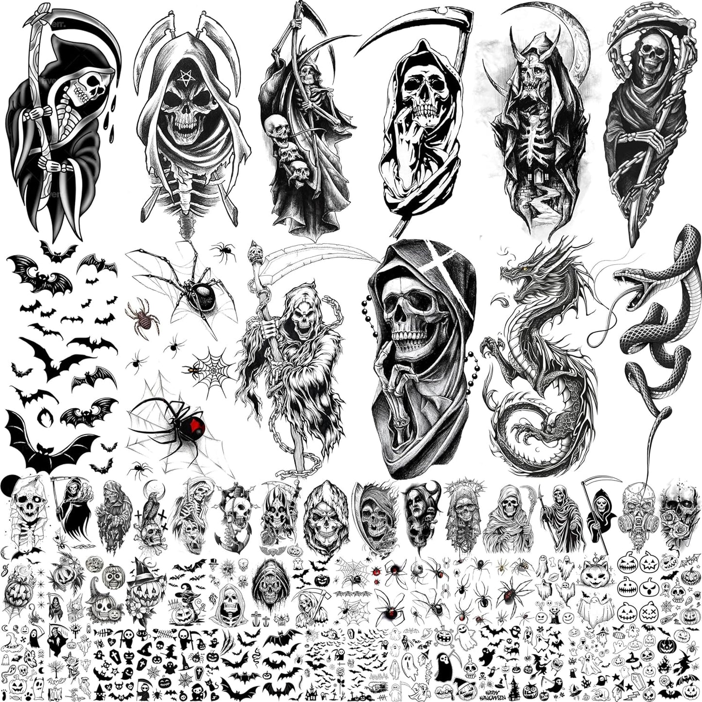 61 Sheets Halloween Temporary Tattoos for Men Women Adults, 12 Sheets Skeleton Death Skull Demon Devil Half Arm Sleeve Fake Tattoo Stickers, 49 Sheets Spider Web Bat Snake Vampire Scar Face Tattoos