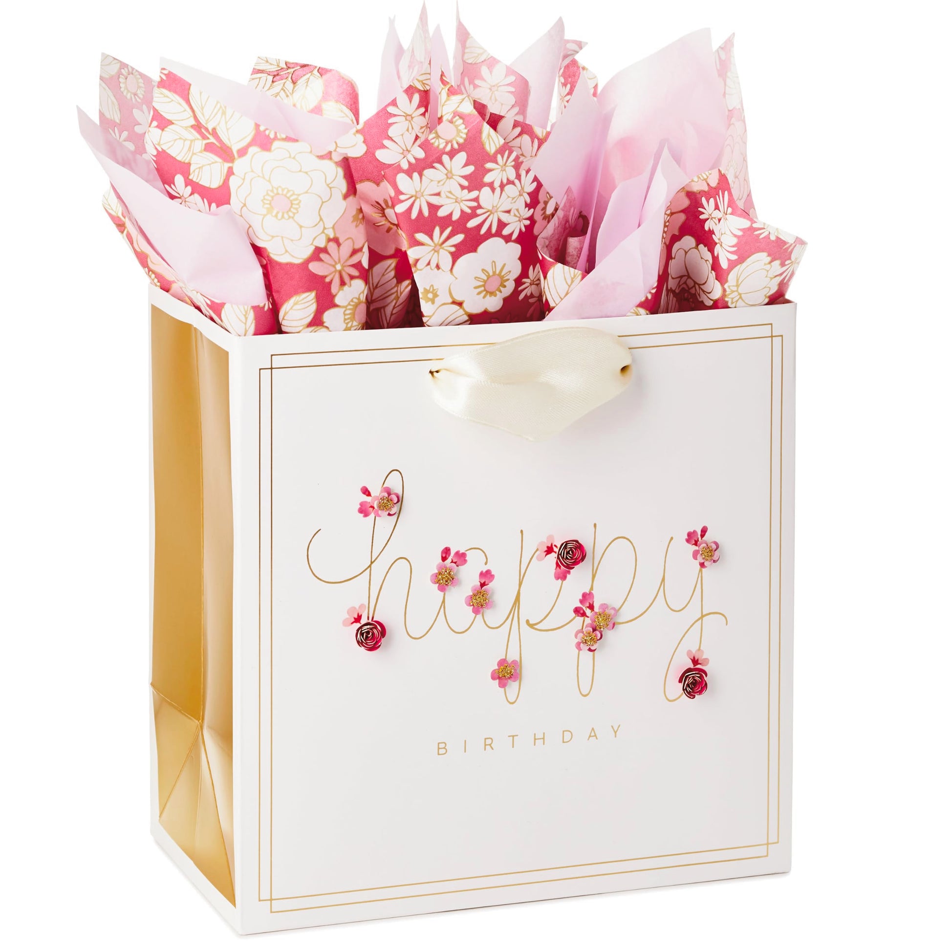 Hallmark Signature 7" Medium Birthday Gift Bag with Tissue Paper (Pink Flowers)