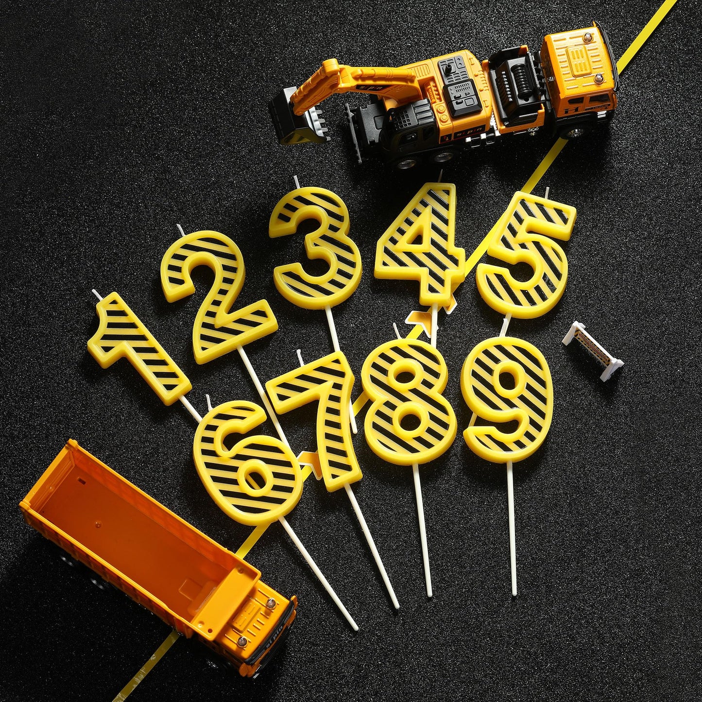 PHD CAKE 2.76 Inch Number 3 Construction Birthday Candles, Yellow and White Stripes Number Candles