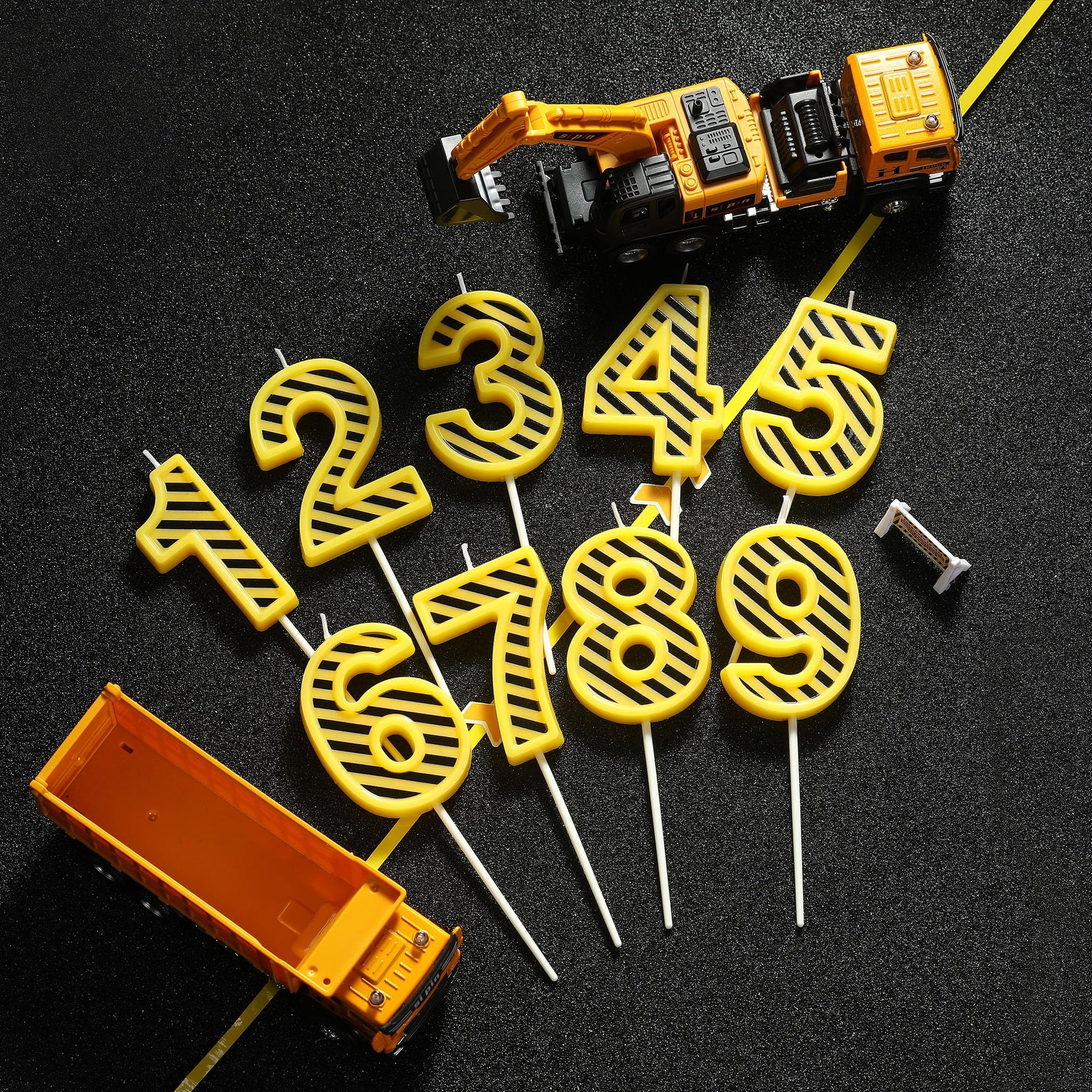 PHD CAKE 2.76 Inch Number 3 Construction Birthday Candles, Yellow and White Stripes Number Candles