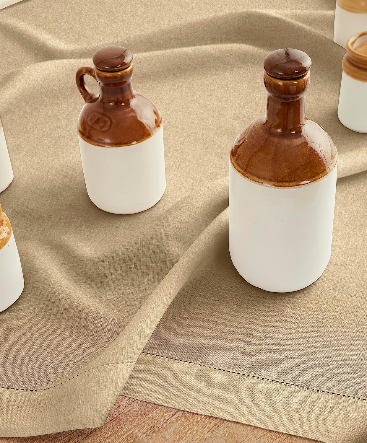 Solino Home Linen Square Tablecloth 52 x 52 Inch - 100% Pure Linen Beige Table Throw - Classic Hemstitch, Machine Washable Table Cloth for Fall, Autumn, Thanksgiving